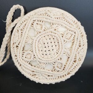Vintage Macramé Round Handbag 6.5" Boho Crossbody Purse